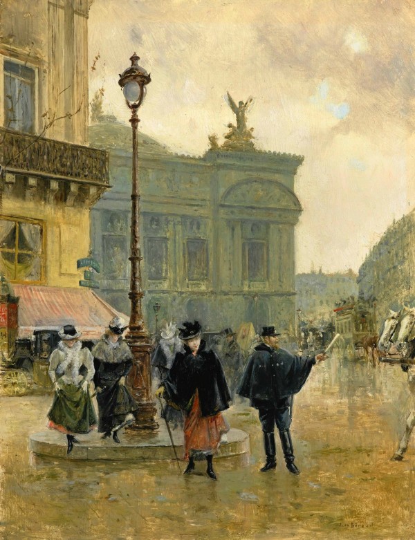 Ladies walking on the boulevard during a rainy day by Jean Beraud